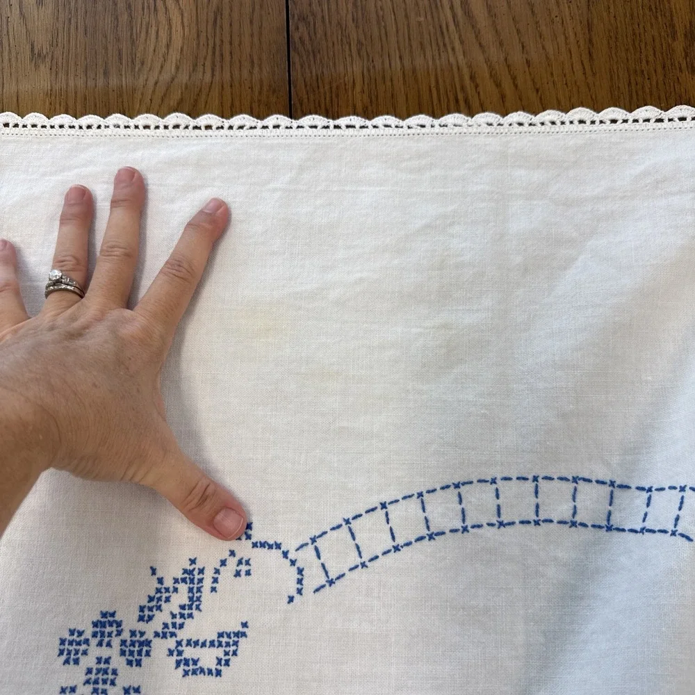 Vtg Cross Stitch Tablecloth Cotton Embroidery Blue White Basket Floral Stains